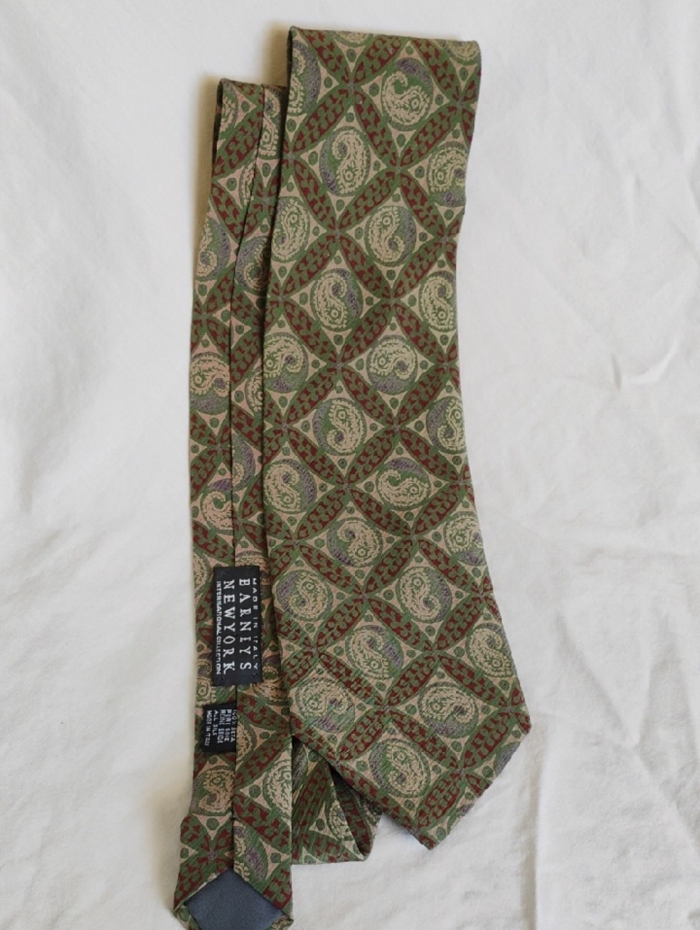 Barney's New York Silk Tie Olive Green & Burgundy Paisley Made In Italy